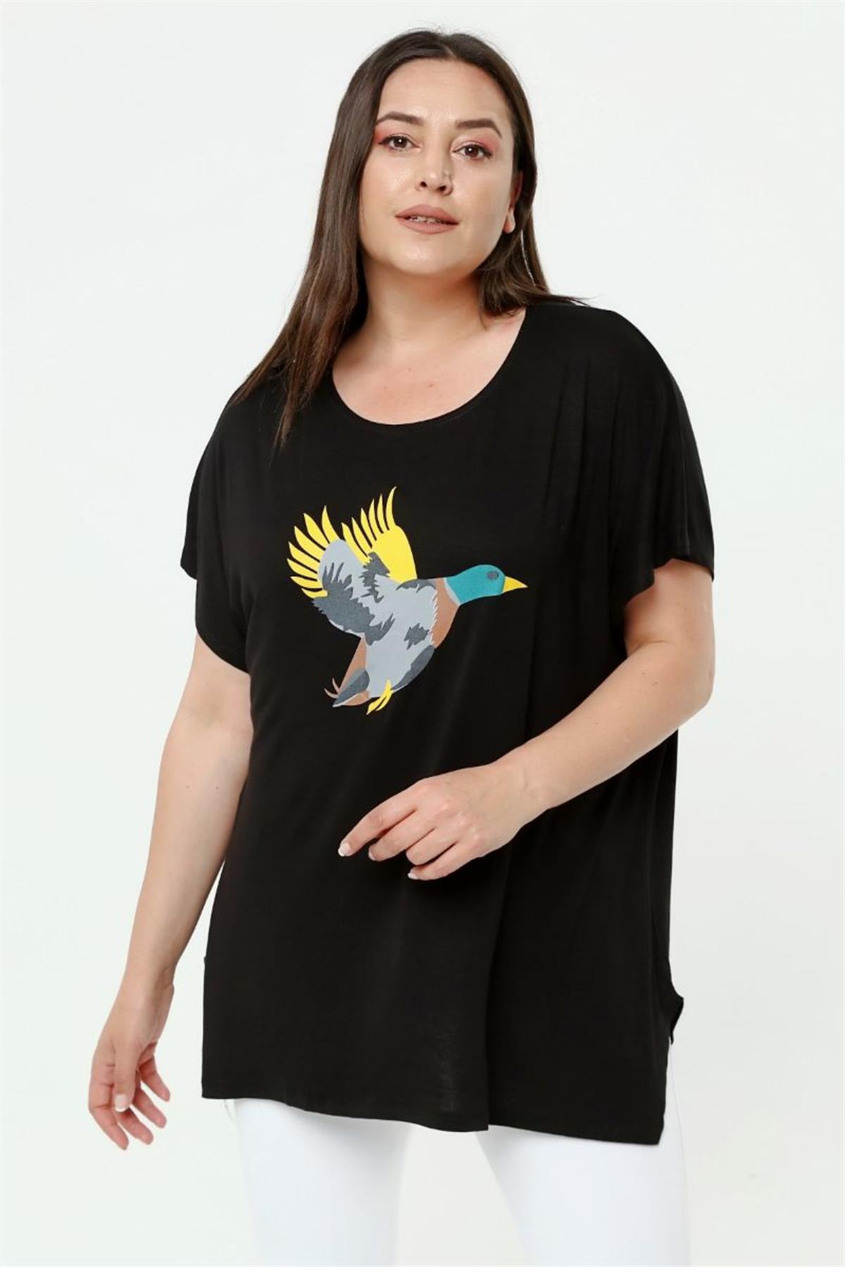 Tshirt Büyük Beden Salaş Kuş Baskılı T-Shirt Siyah