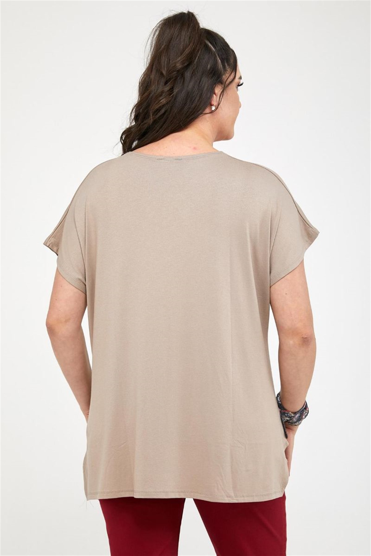 Tshirt Büyük Beden Salaş Kuş Baskılı T-Shirt Bej