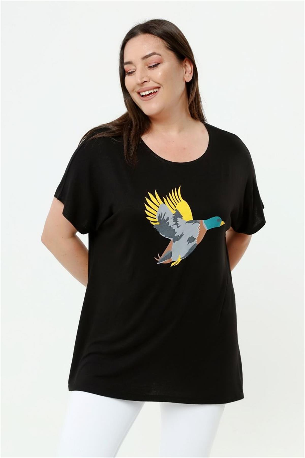 Tshirt Büyük Beden Salaş Kuş Baskılı T-Shirt Siyah