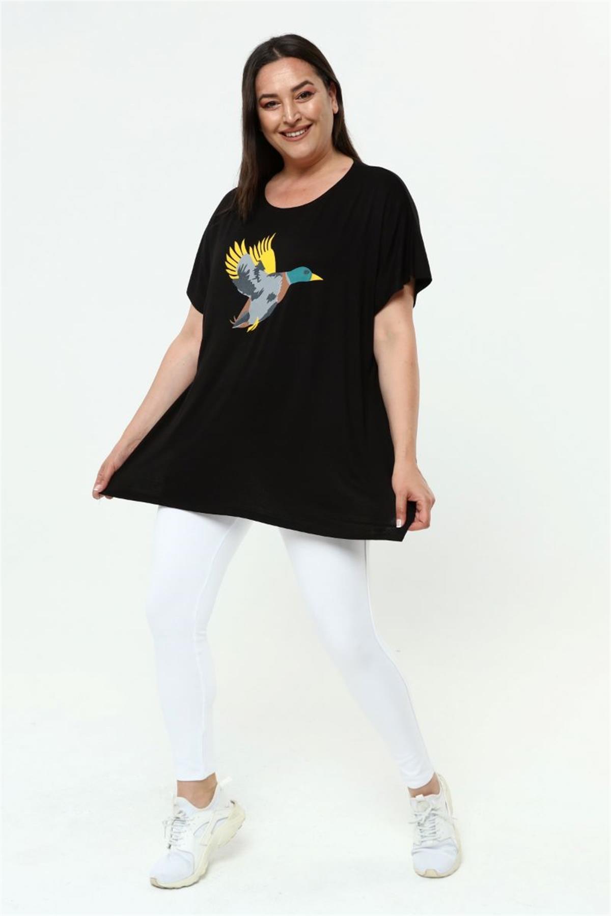 Tshirt Büyük Beden Salaş Kuş Baskılı T-Shirt Siyah