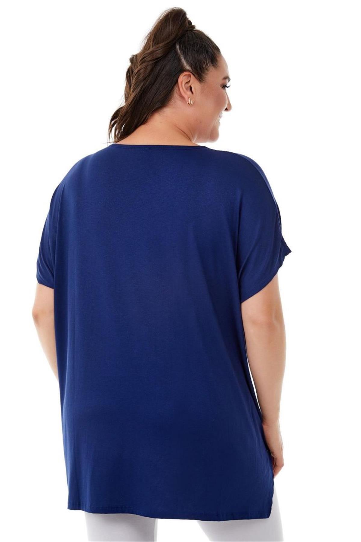 Tshirt Büyük Beden Salaş Lale Baskılı T-Shirt Lacivert
