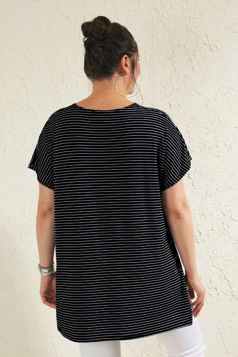 Tshirt Büyük Beden Salaş Lale Baskılı T-Shirt Siyah Çizgili