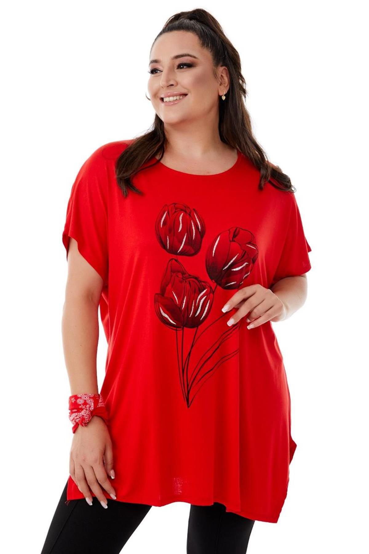Tshirt Büyük Beden Salaş Lale Baskılı T-Shirt Kırmızı