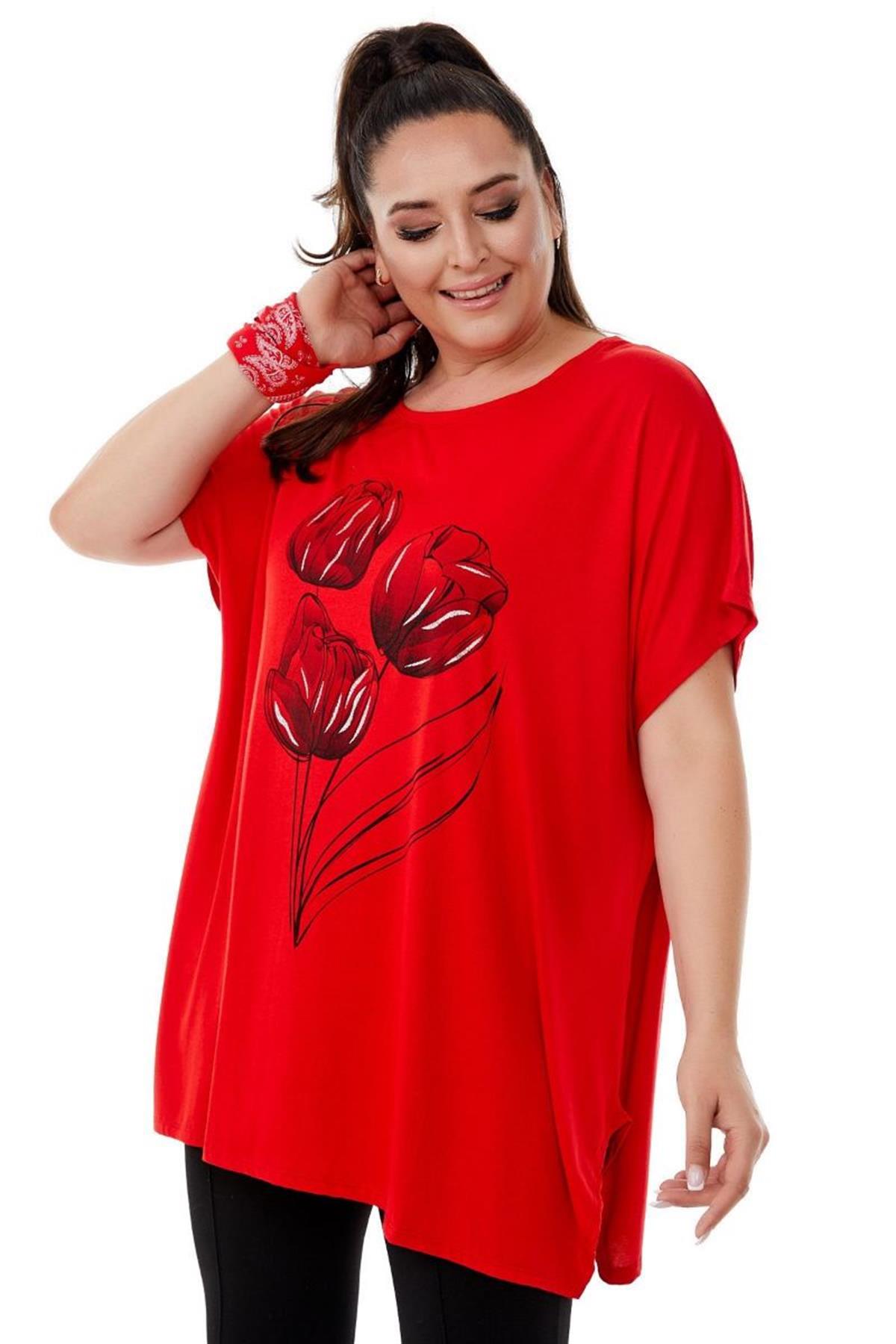 Tshirt Büyük Beden Salaş Lale Baskılı T-Shirt Kırmızı