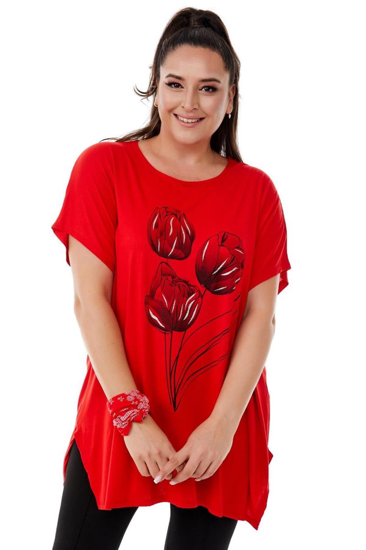 Tshirt Büyük Beden Salaş Lale Baskılı T-Shirt Kırmızı