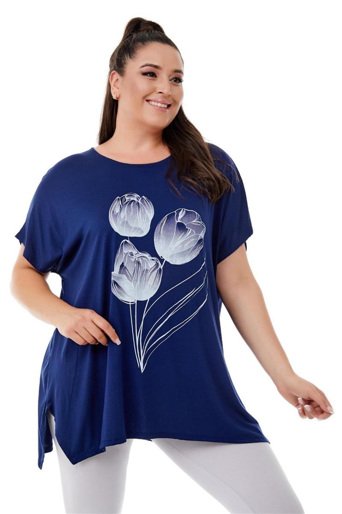 Tshirt Büyük Beden Salaş Lale Baskılı T-Shirt Lacivert