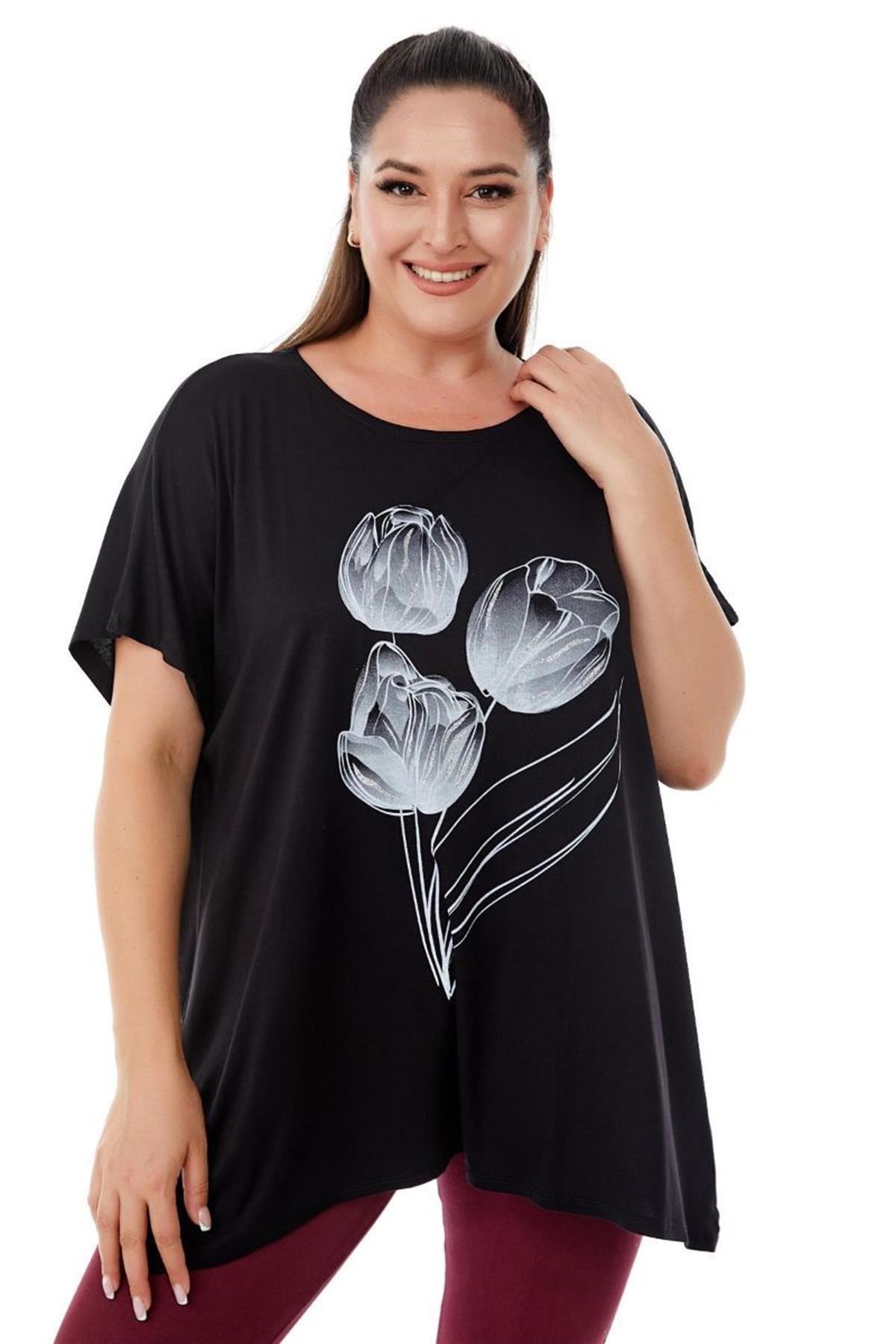 Tshirt Büyük Beden Salaş Lale Baskılı T-Shirt Siyah