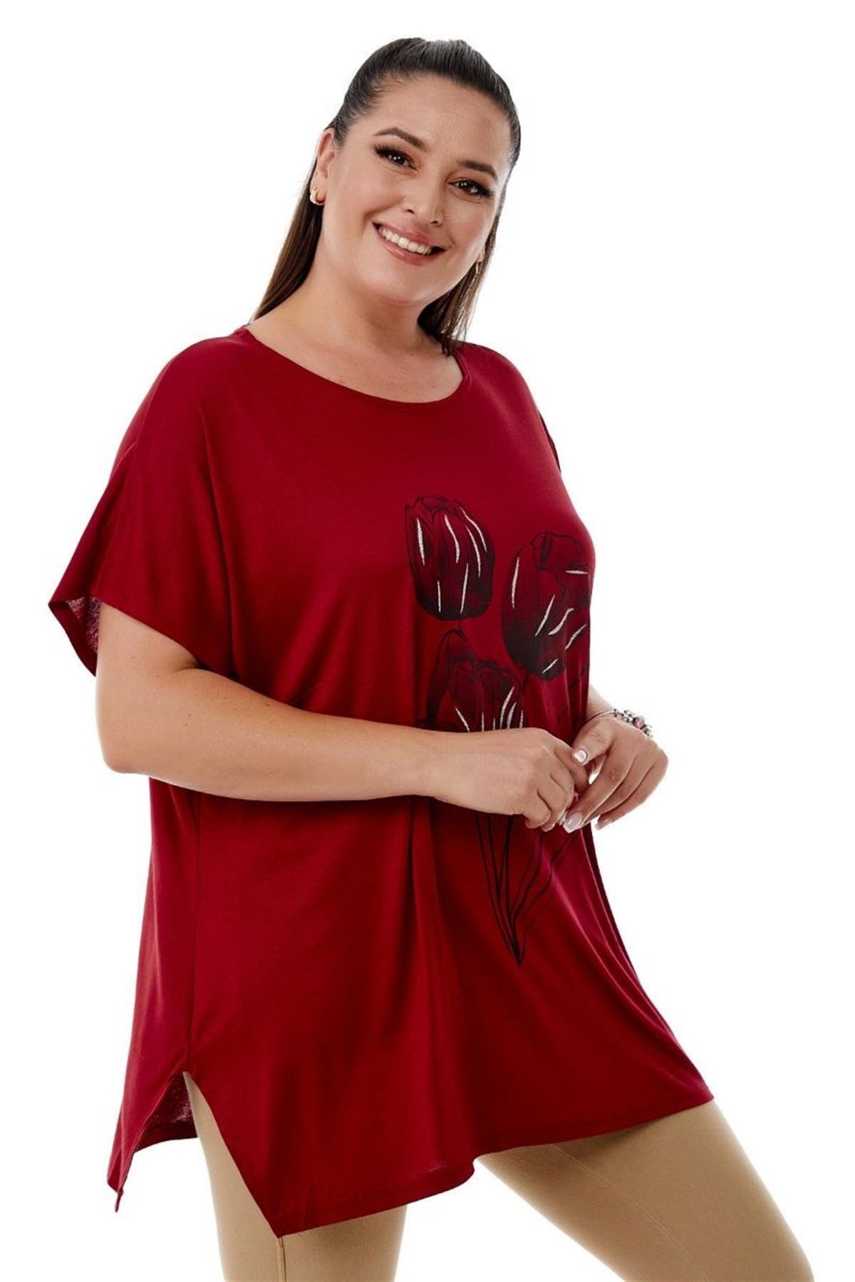 Tshirt Büyük Beden Salaş Lale Baskılı T-Shirt Bordo
