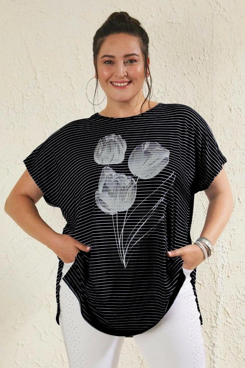 Tshirt Büyük Beden Salaş Lale Baskılı T-Shirt Siyah Çizgili