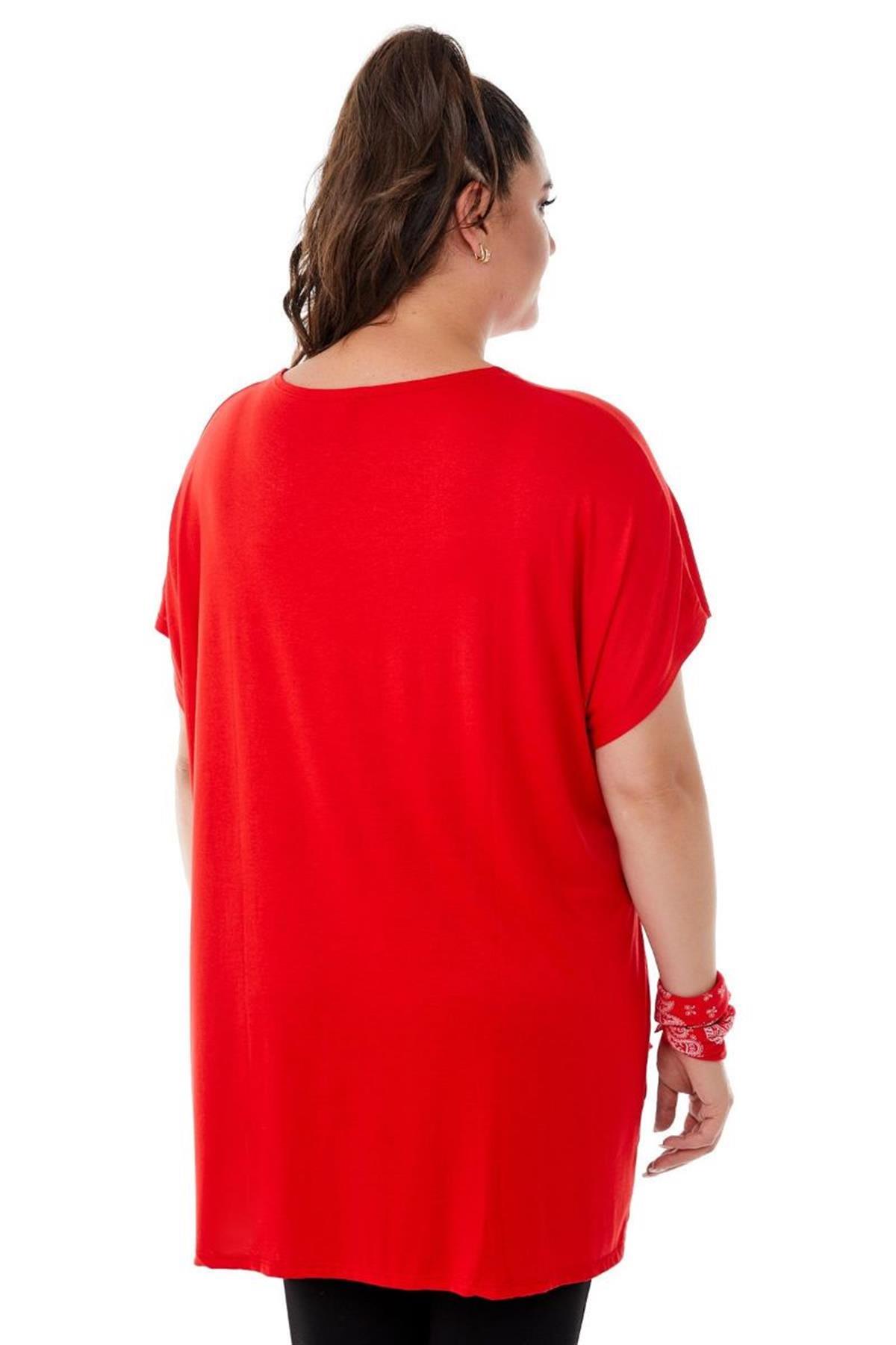 Tshirt Büyük Beden Salaş Lale Baskılı T-Shirt Kırmızı