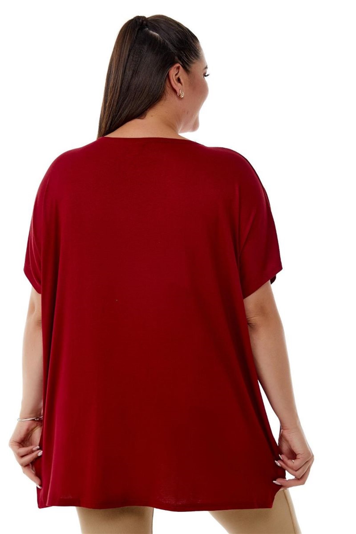 Tshirt Büyük Beden Salaş Lale Baskılı T-Shirt Bordo