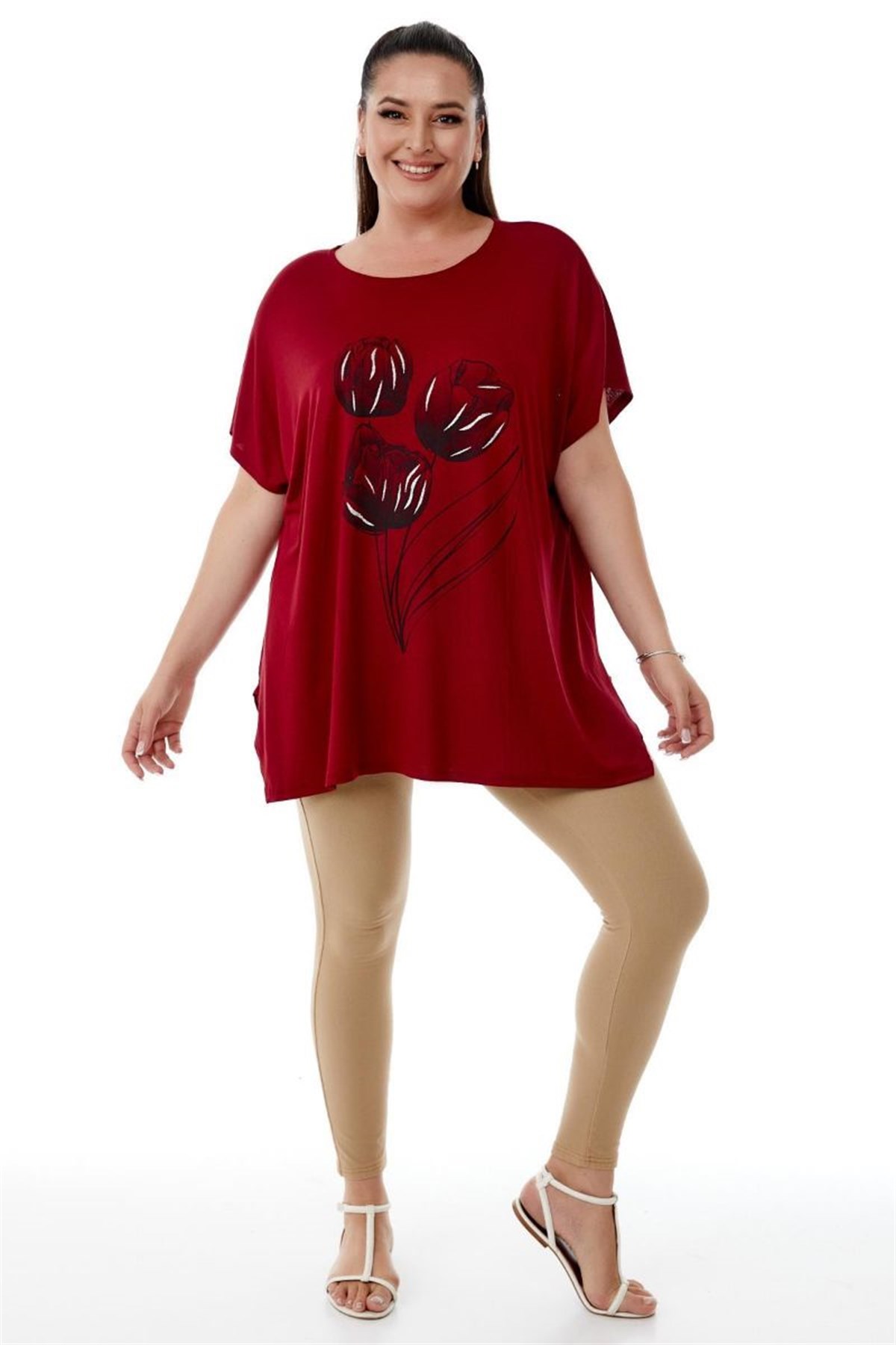 Tshirt Büyük Beden Salaş Lale Baskılı T-Shirt Bordo