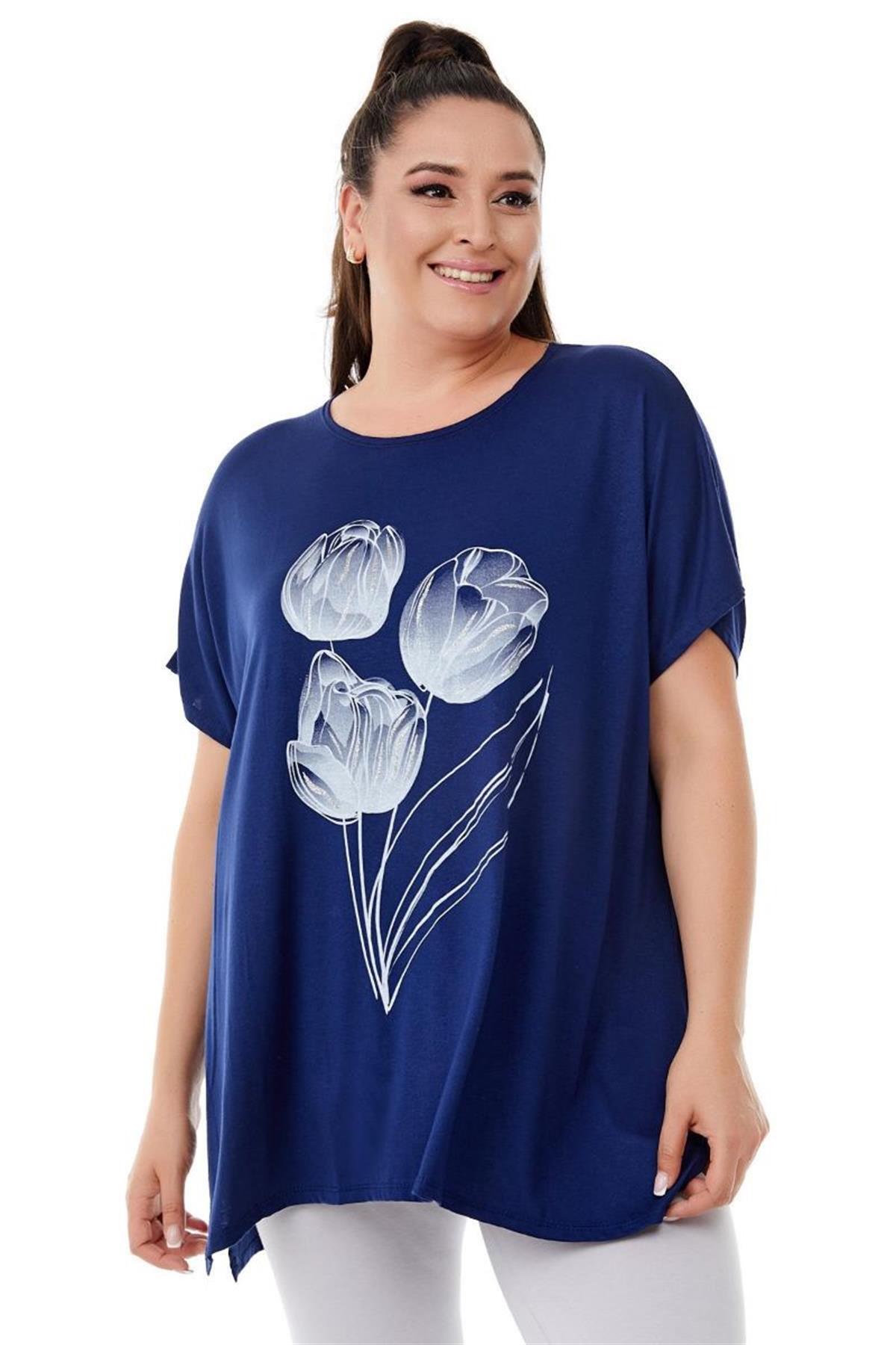 Tshirt Büyük Beden Salaş Lale Baskılı T-Shirt Lacivert