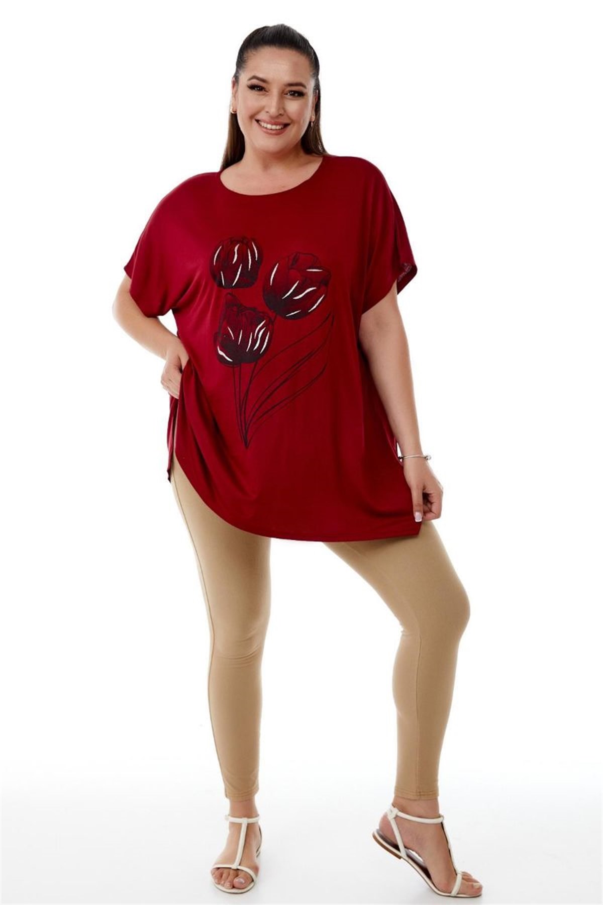 Tshirt Büyük Beden Salaş Lale Baskılı T-Shirt Bordo