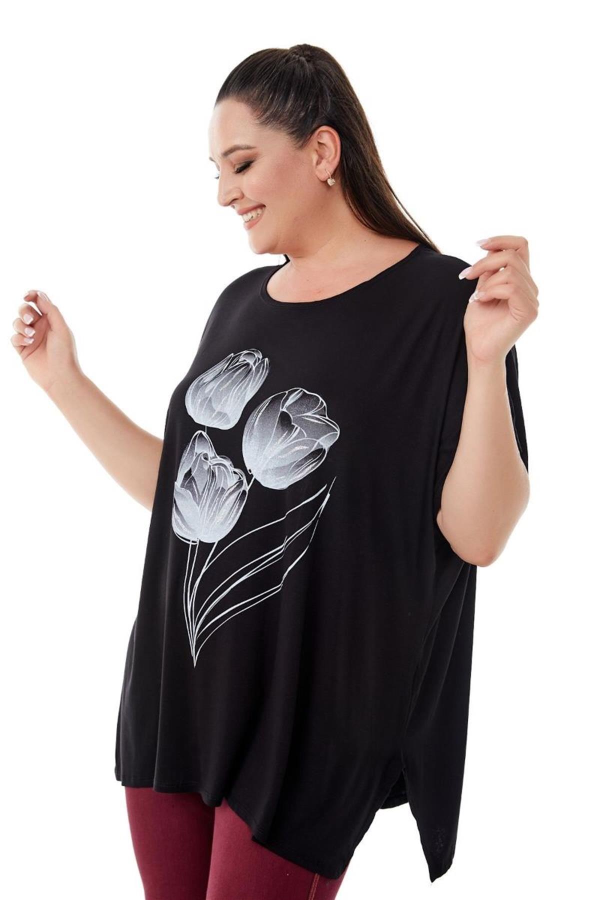 Tshirt Büyük Beden Salaş Lale Baskılı T-Shirt Siyah
