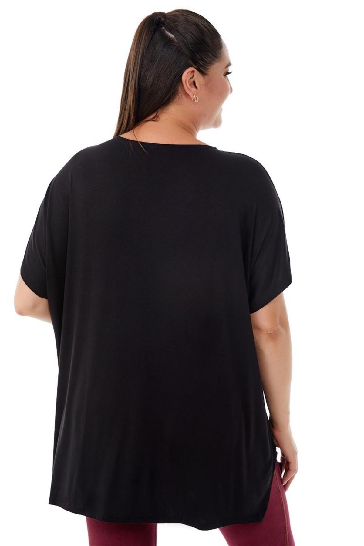 Tshirt Büyük Beden Salaş Lale Baskılı T-Shirt Siyah