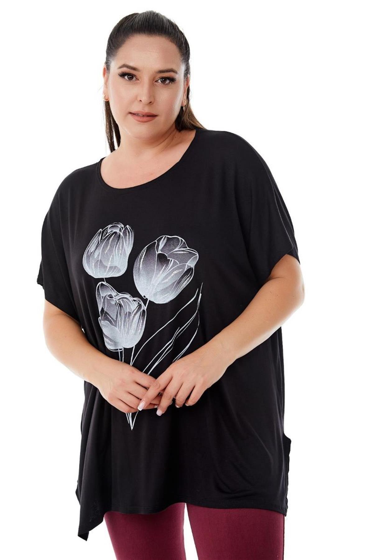 Tshirt Büyük Beden Salaş Lale Baskılı T-Shirt Siyah