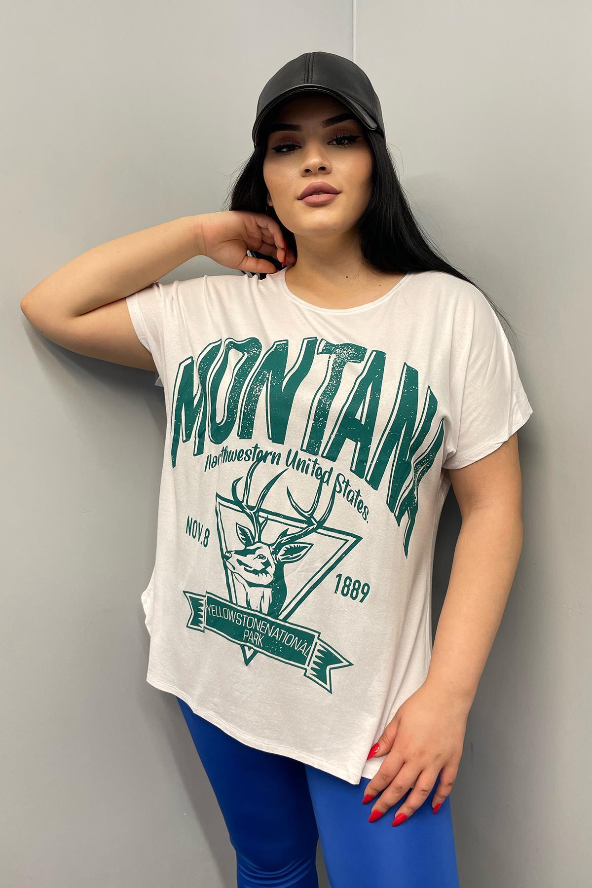 Tshirt Büyük Beden Salaş Montana Baskılı T-Shirt Beyaz