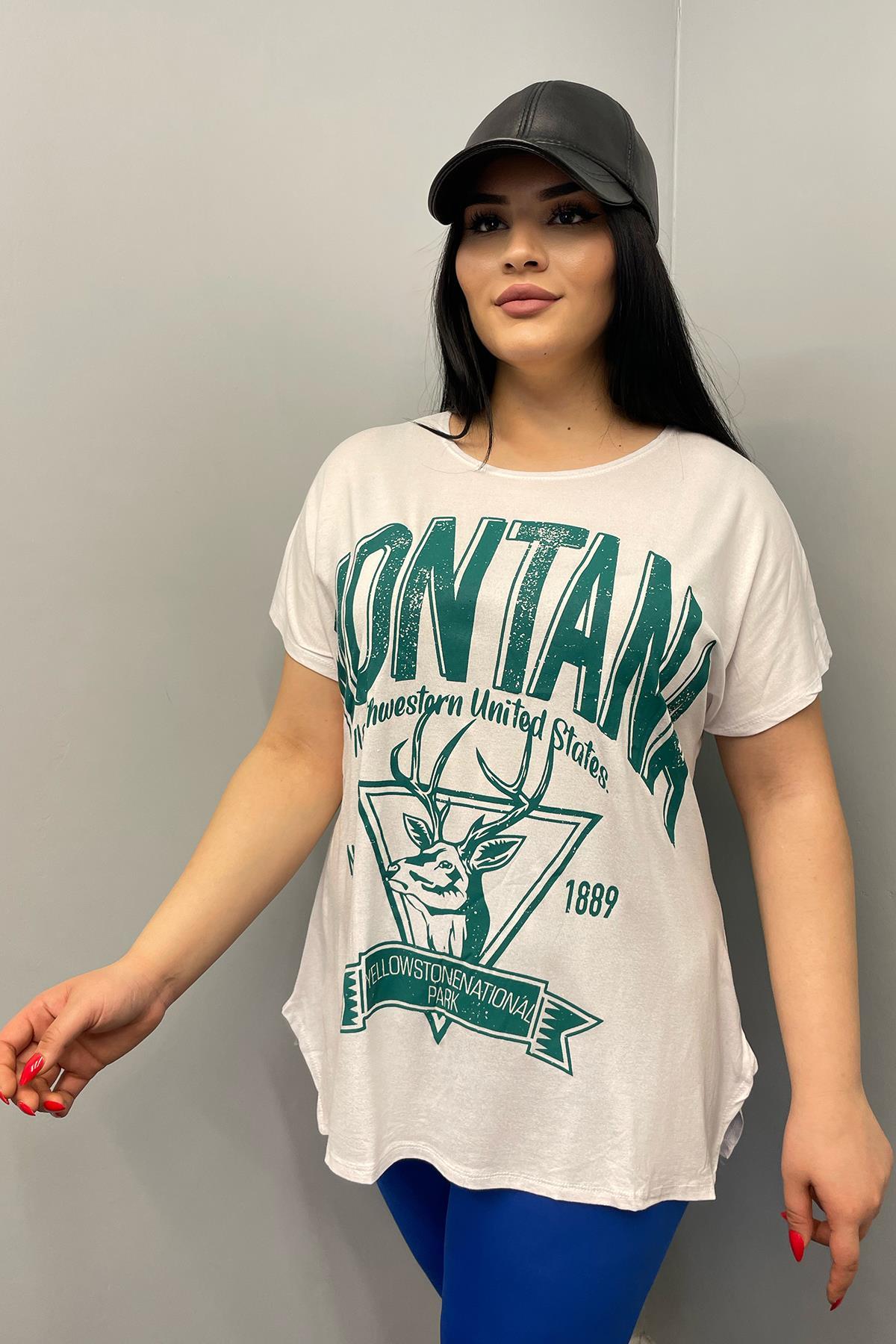 Tshirt Büyük Beden Salaş Montana Baskılı T-Shirt Beyaz