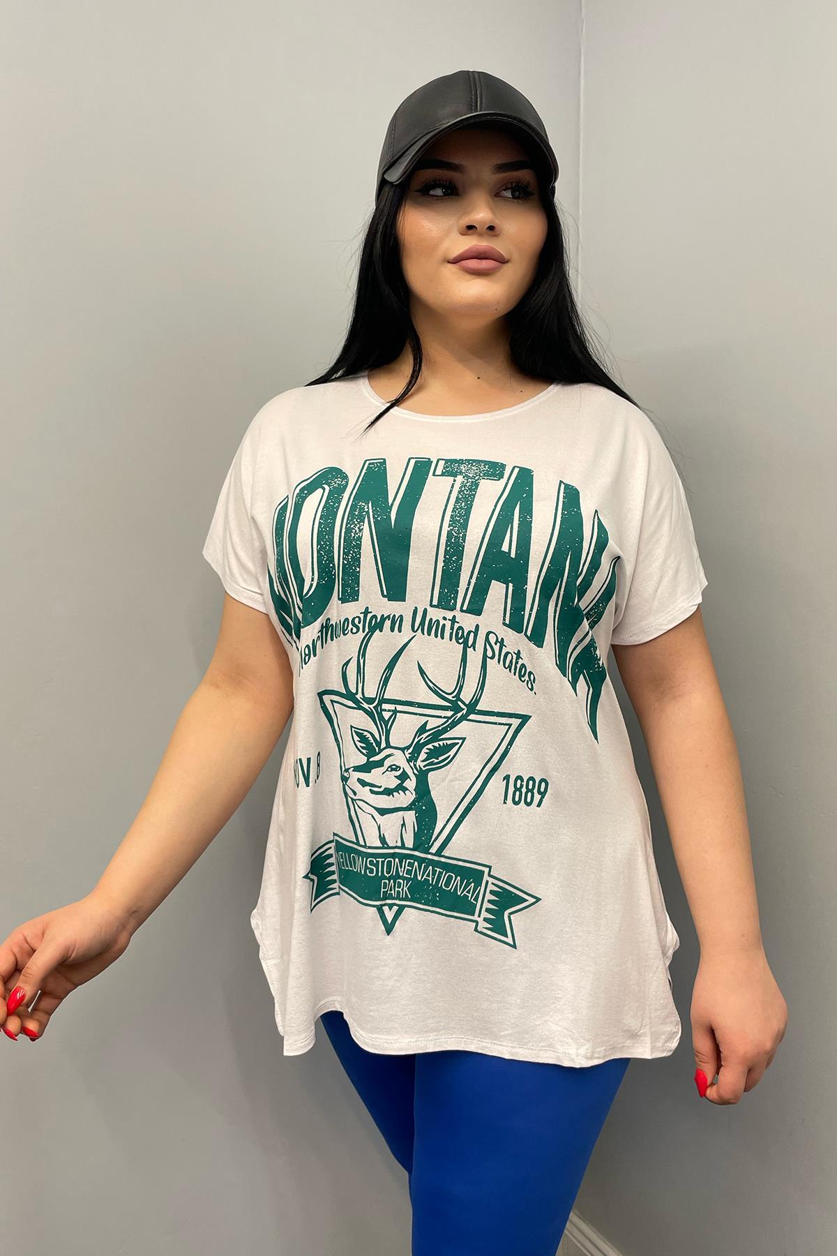 Tshirt Büyük Beden Salaş Montana Baskılı T-Shirt Beyaz
