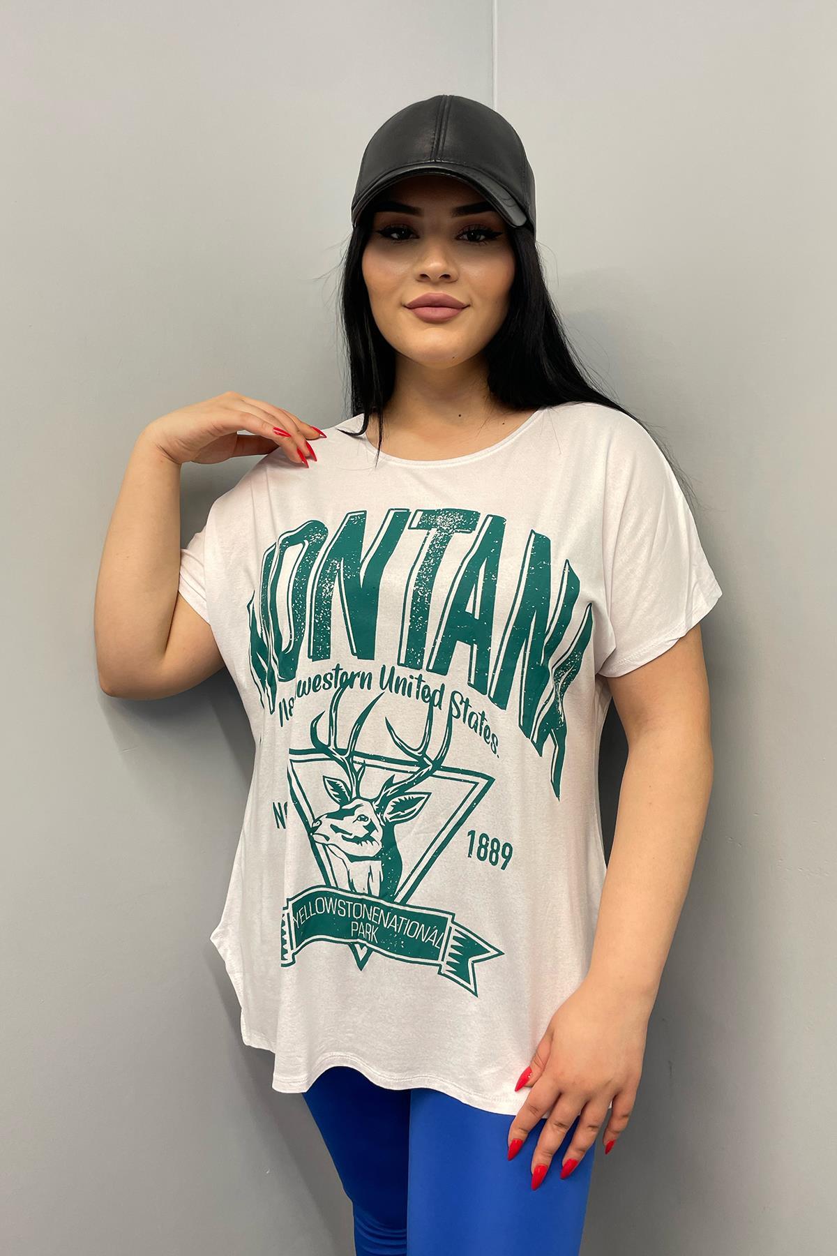 Tshirt Büyük Beden Salaş Montana Baskılı T-Shirt Beyaz