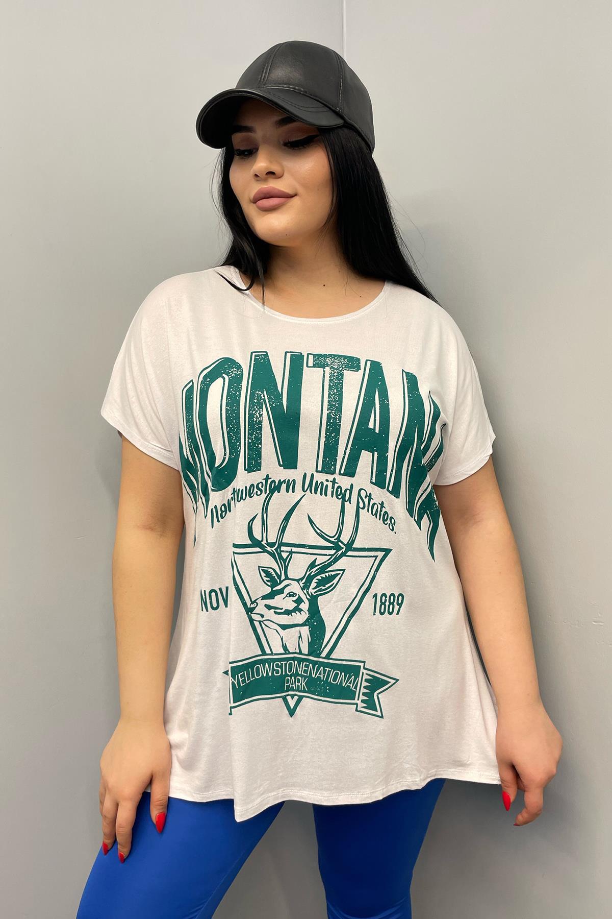Tshirt Büyük Beden Salaş Montana Baskılı T-Shirt Beyaz