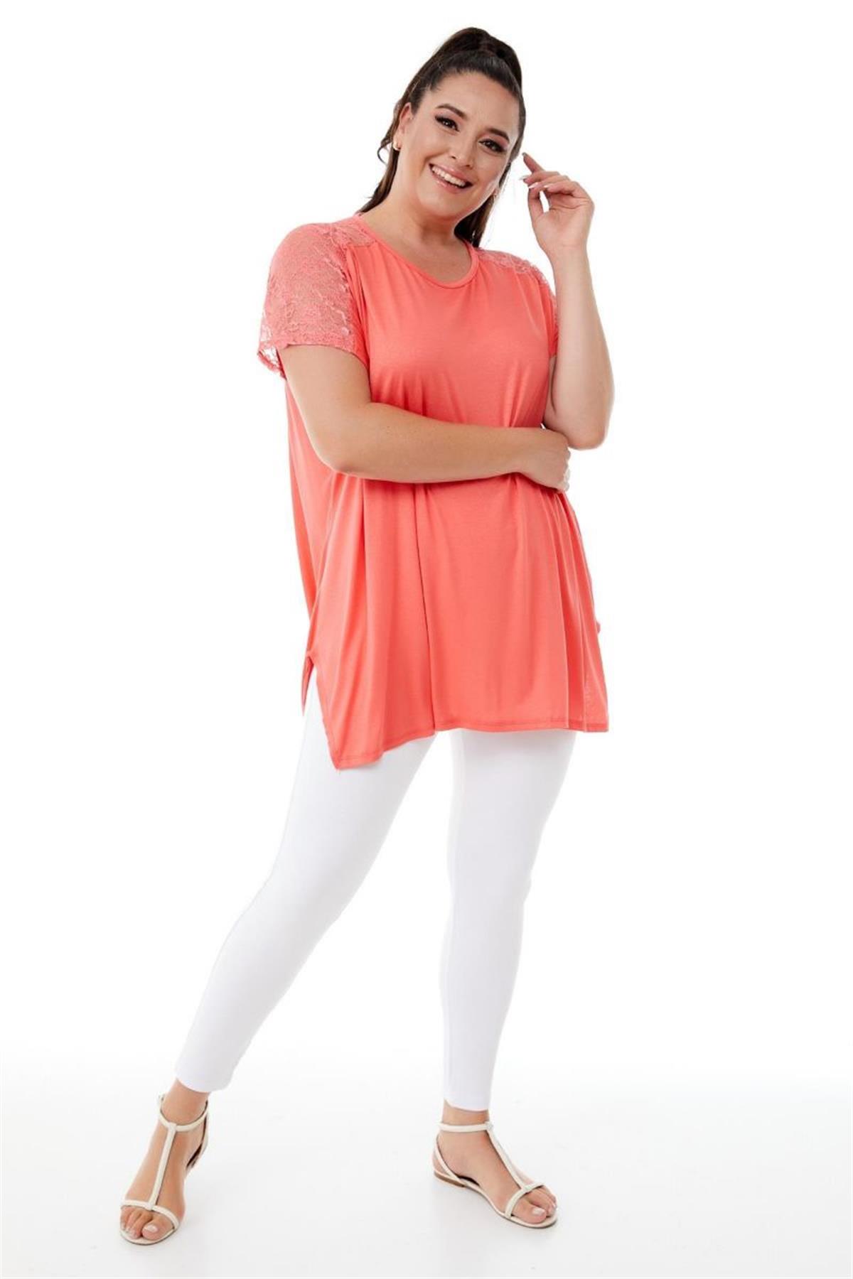 Tshirt Büyük Beden Salaş Omuzları Dantel Şık T-Shirt Pembe