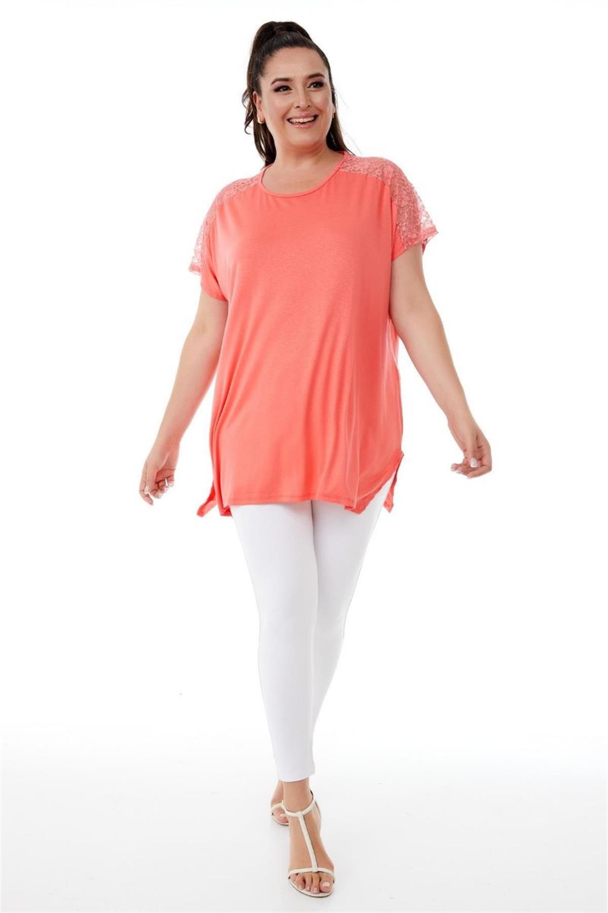 Tshirt Büyük Beden Salaş Omuzları Dantel Şık T-Shirt Pembe