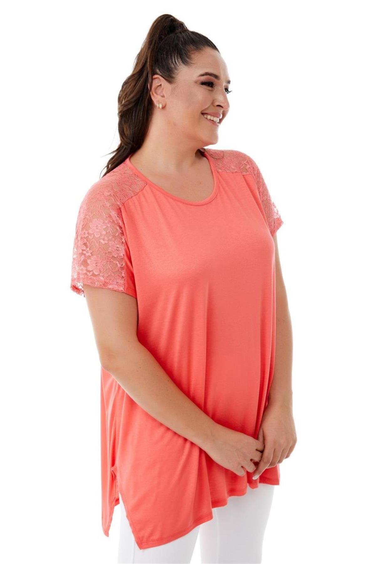 Tshirt Büyük Beden Salaş Omuzları Dantel Şık T-Shirt Pembe