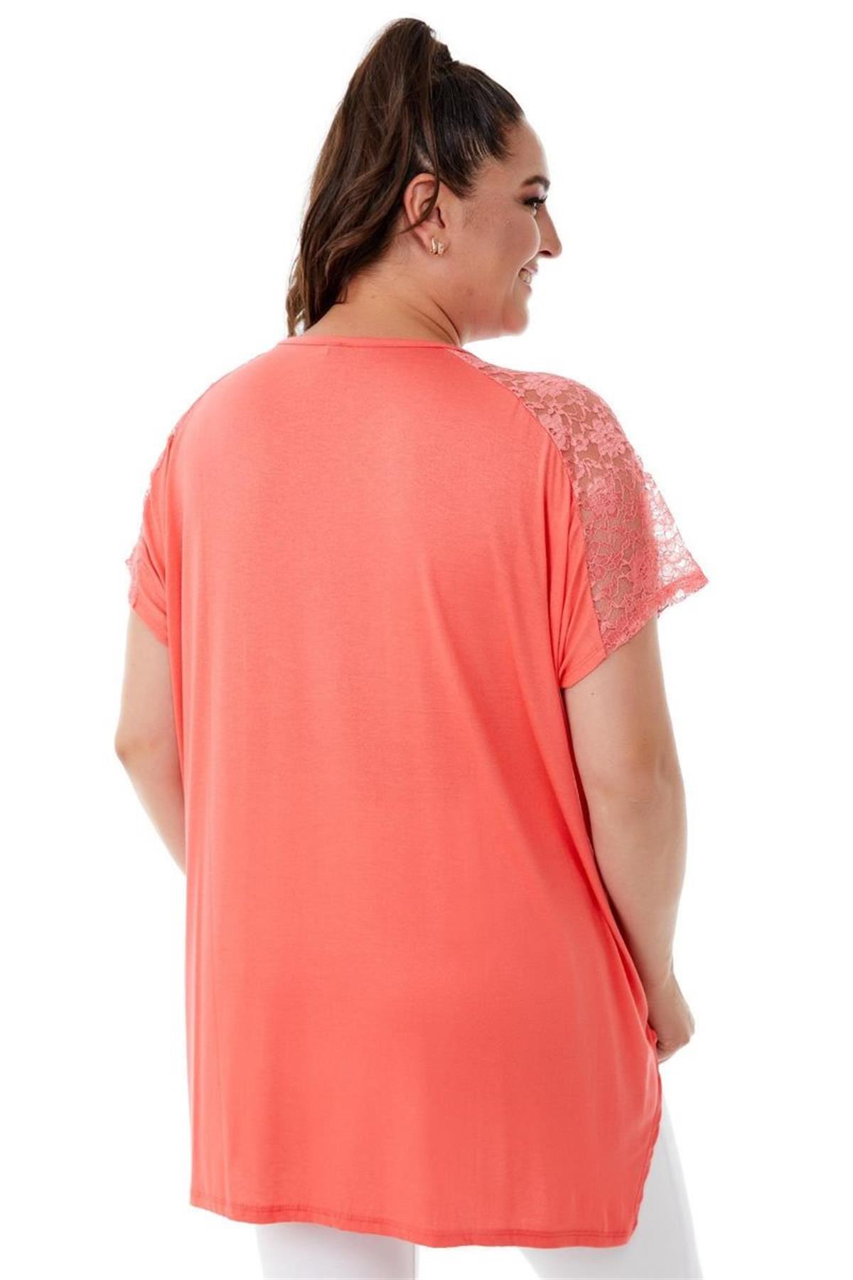 Tshirt Büyük Beden Salaş Omuzları Dantel Şık T-Shirt Pembe