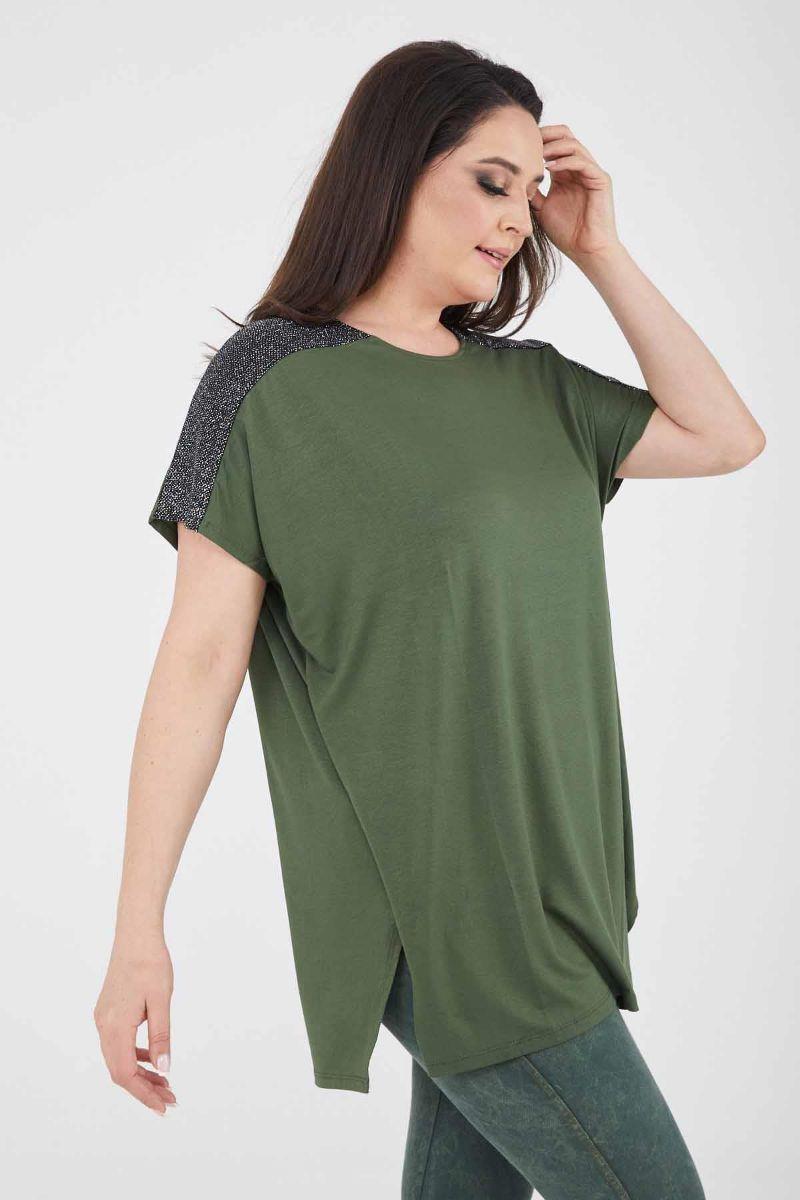 Tshirt Büyük Beden Salaş Omuzları Simli Yırtmaçlı T-Shirt Haki