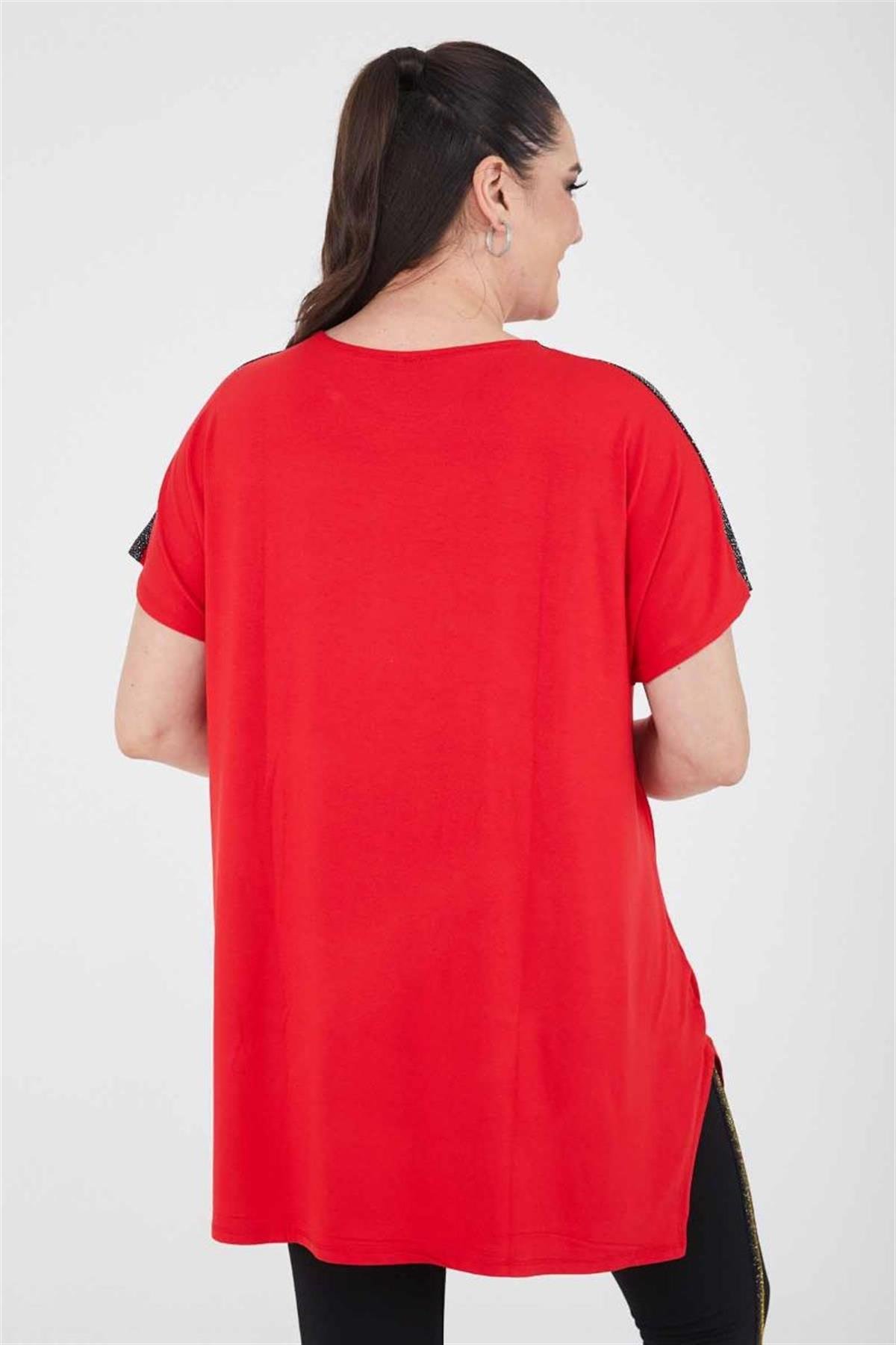 Tshirt Büyük Beden Salaş Omuzları Simli Yırtmaçlı T-Shirt Kırmızı