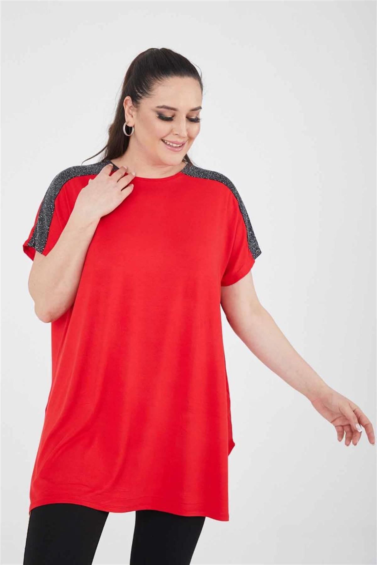 Tshirt Büyük Beden Salaş Omuzları Simli Yırtmaçlı T-Shirt Kırmızı