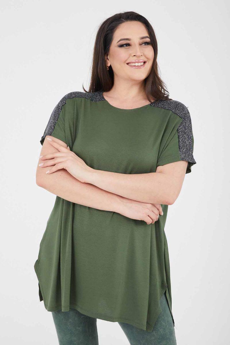 Tshirt Büyük Beden Salaş Omuzları Simli Yırtmaçlı T-Shirt Haki