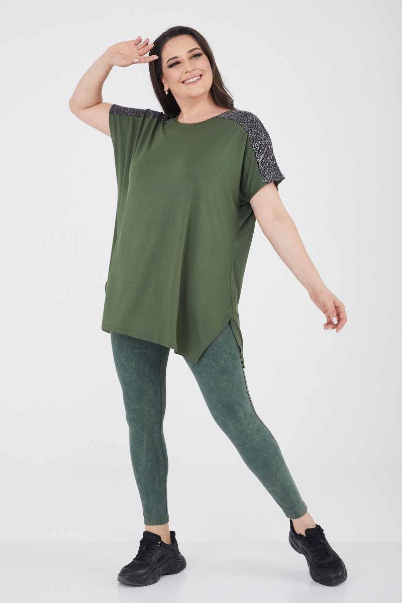 Tshirt Büyük Beden Salaş Omuzları Simli Yırtmaçlı T-Shirt Haki