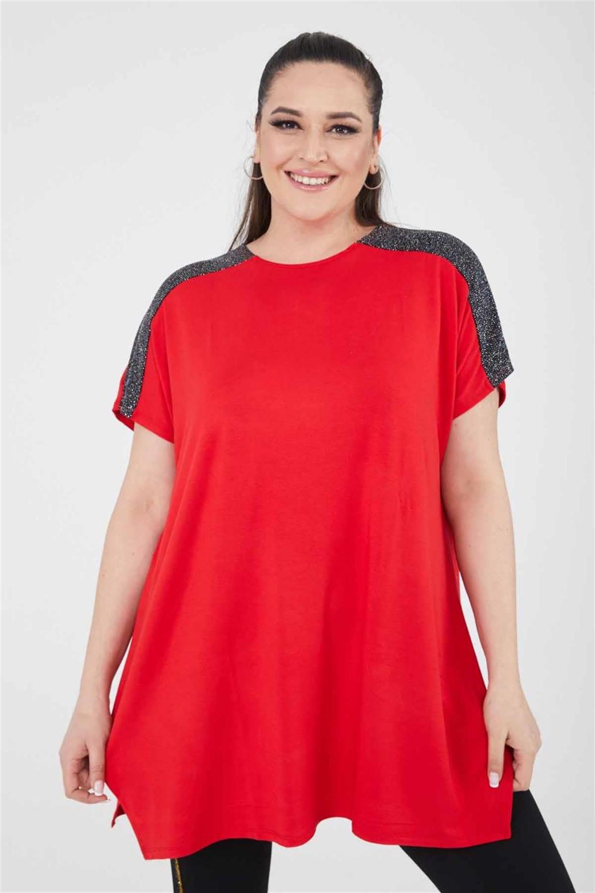 Tshirt Büyük Beden Salaş Omuzları Simli Yırtmaçlı T-Shirt Kırmızı