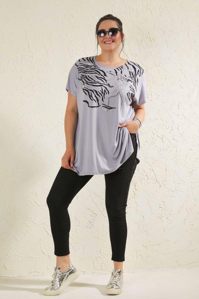 Tshirt Büyük Beden Salaş Önü Baskı Detaylı T-Shirt Gri