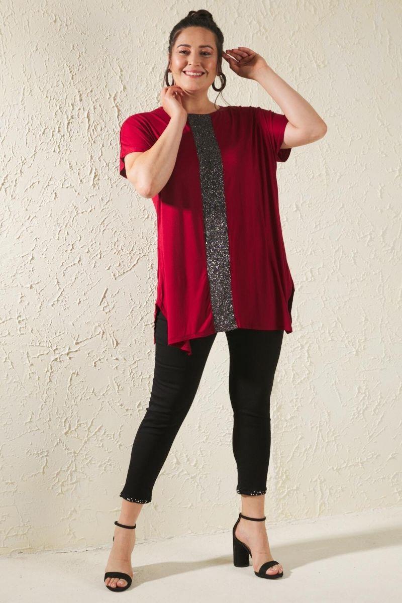 Bluz Büyük Beden Salaş Önü Sim Detaylı Bluz Bordo