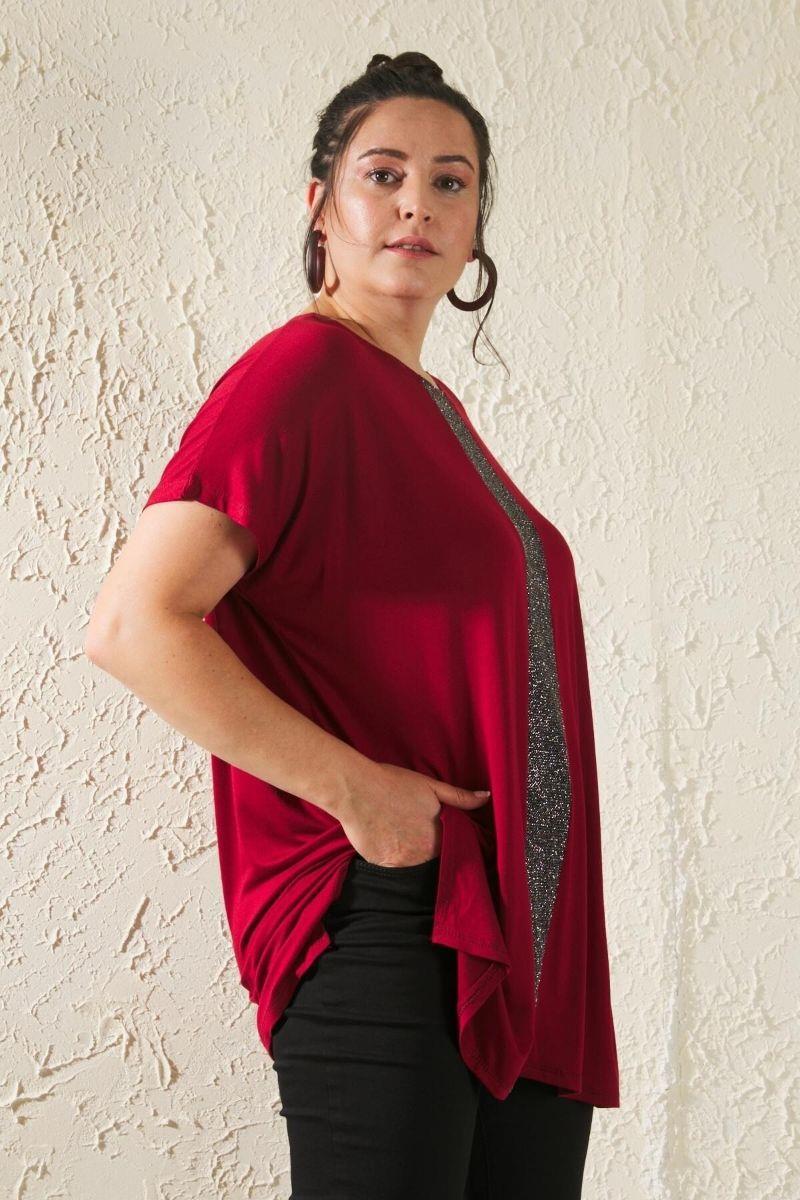 Bluz Büyük Beden Salaş Önü Sim Detaylı Bluz Bordo