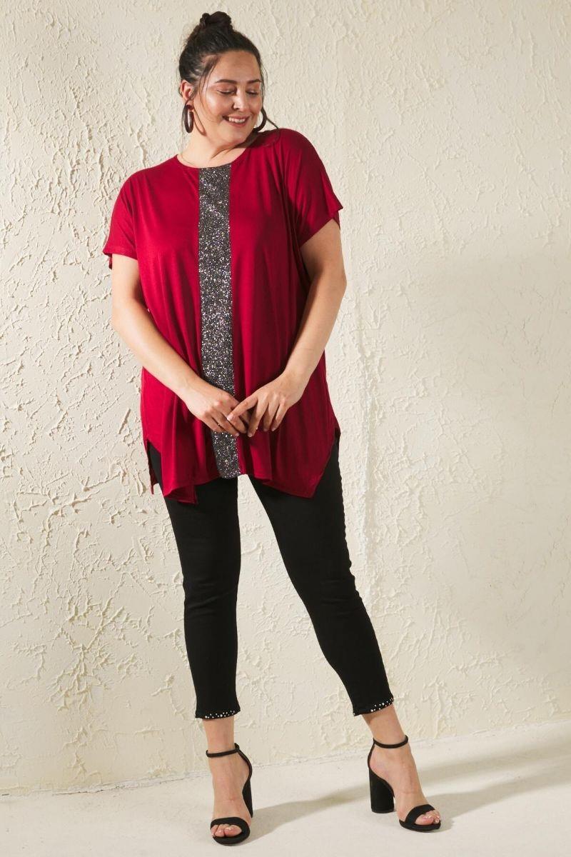Bluz Büyük Beden Salaş Önü Sim Detaylı Bluz Bordo