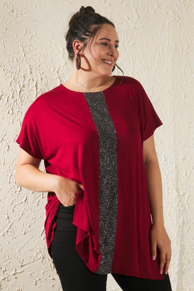 Bluz Büyük Beden Salaş Önü Sim Detaylı Bluz Bordo