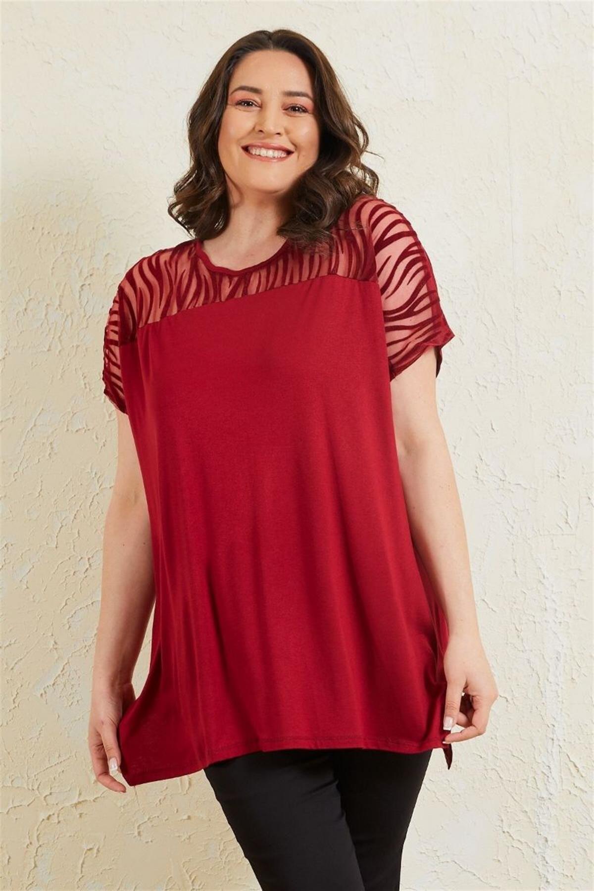 Tshirt Büyük Beden Salaş Önü Tül Detaylı T-Shirt Bordo