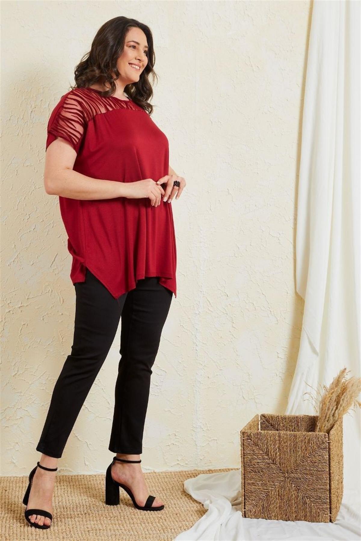 Tshirt Büyük Beden Salaş Önü Tül Detaylı T-Shirt Bordo