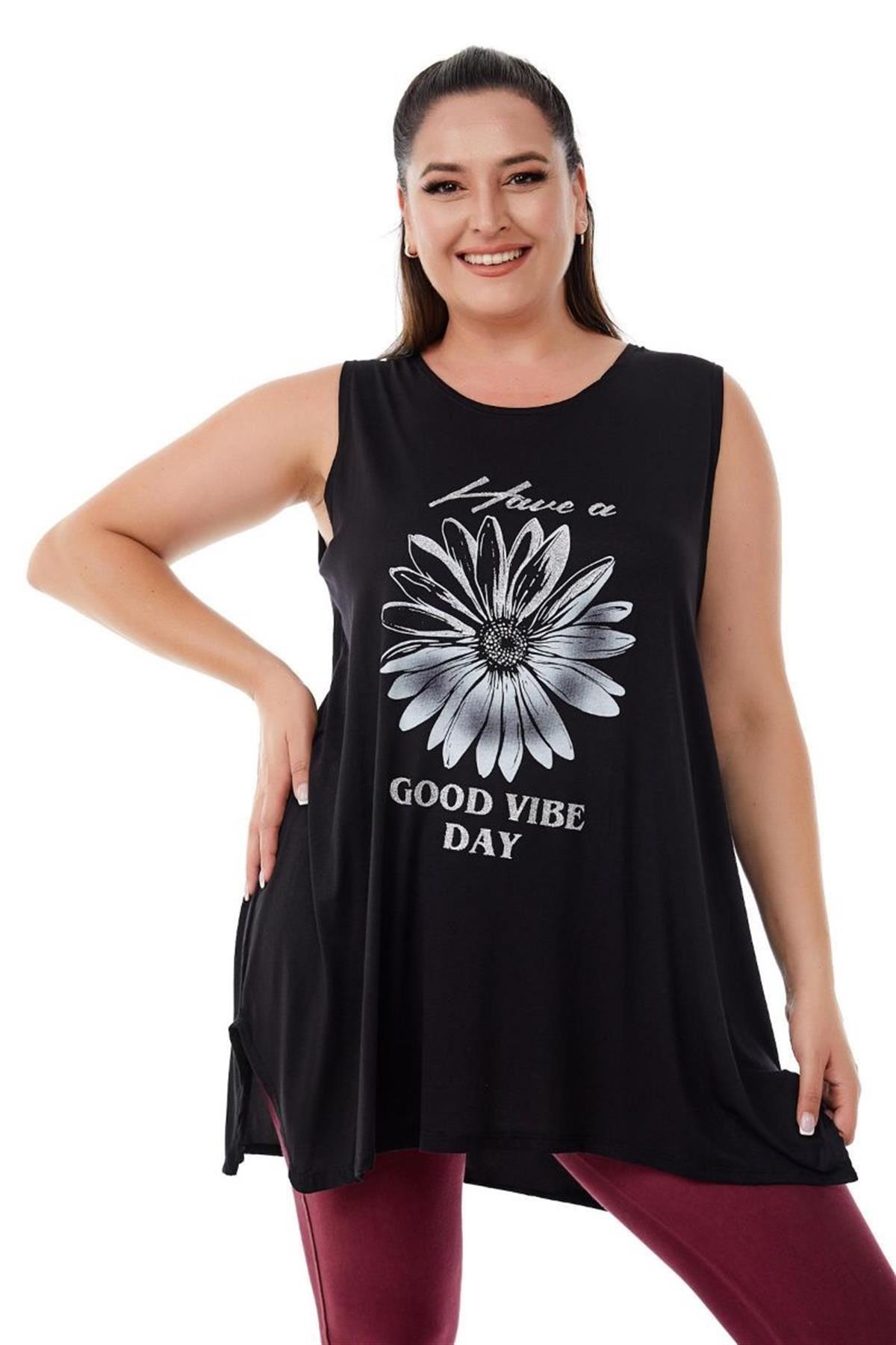 Tshirt Büyük Beden Salaş Papatya Baskılı Kolsuz T-Shirt Siyah