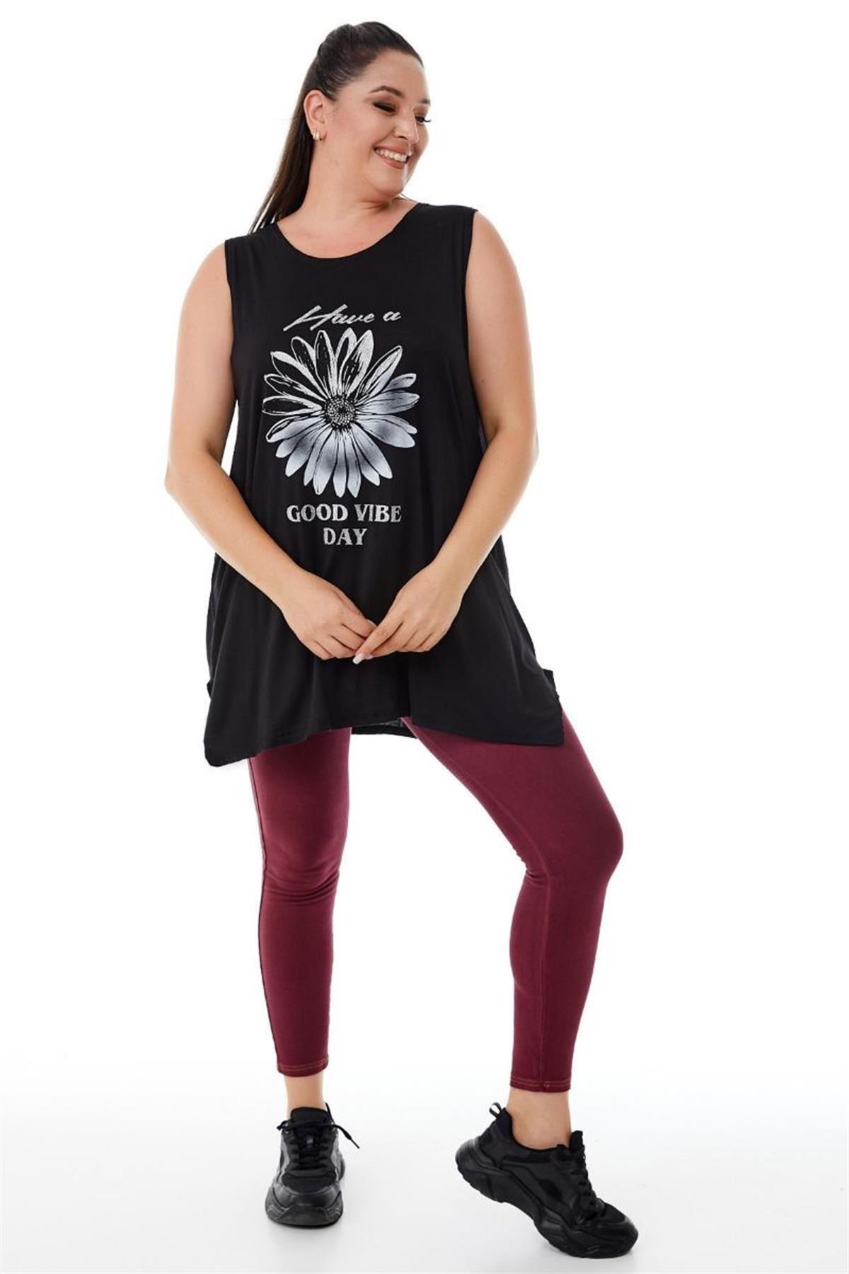 Tshirt Büyük Beden Salaş Papatya Baskılı Kolsuz T-Shirt Siyah