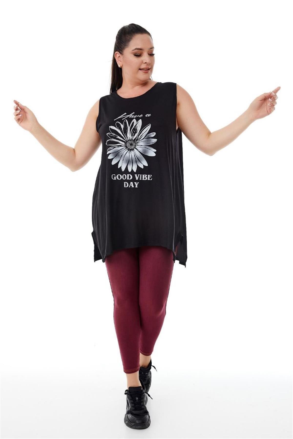 Tshirt Büyük Beden Salaş Papatya Baskılı Kolsuz T-Shirt Siyah