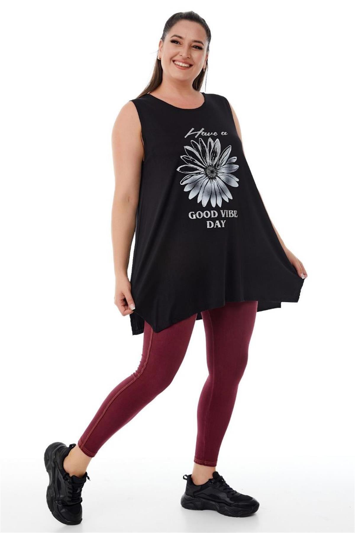 Tshirt Büyük Beden Salaş Papatya Baskılı Kolsuz T-Shirt Siyah