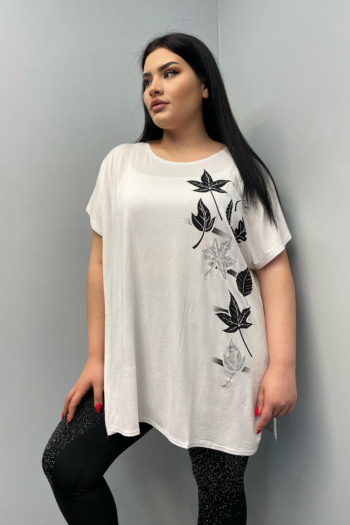 Tshirt Büyük Beden Salaş Sarmaşık Yaprak Baskılı T-Shirt Beyaz