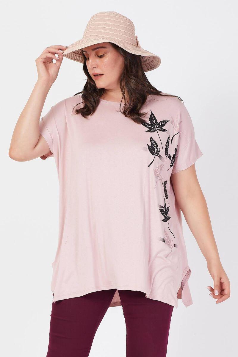 Tshirt Büyük Beden Salaş Sarmaşık Yaprak Baskılı T-Shirt Pudra
