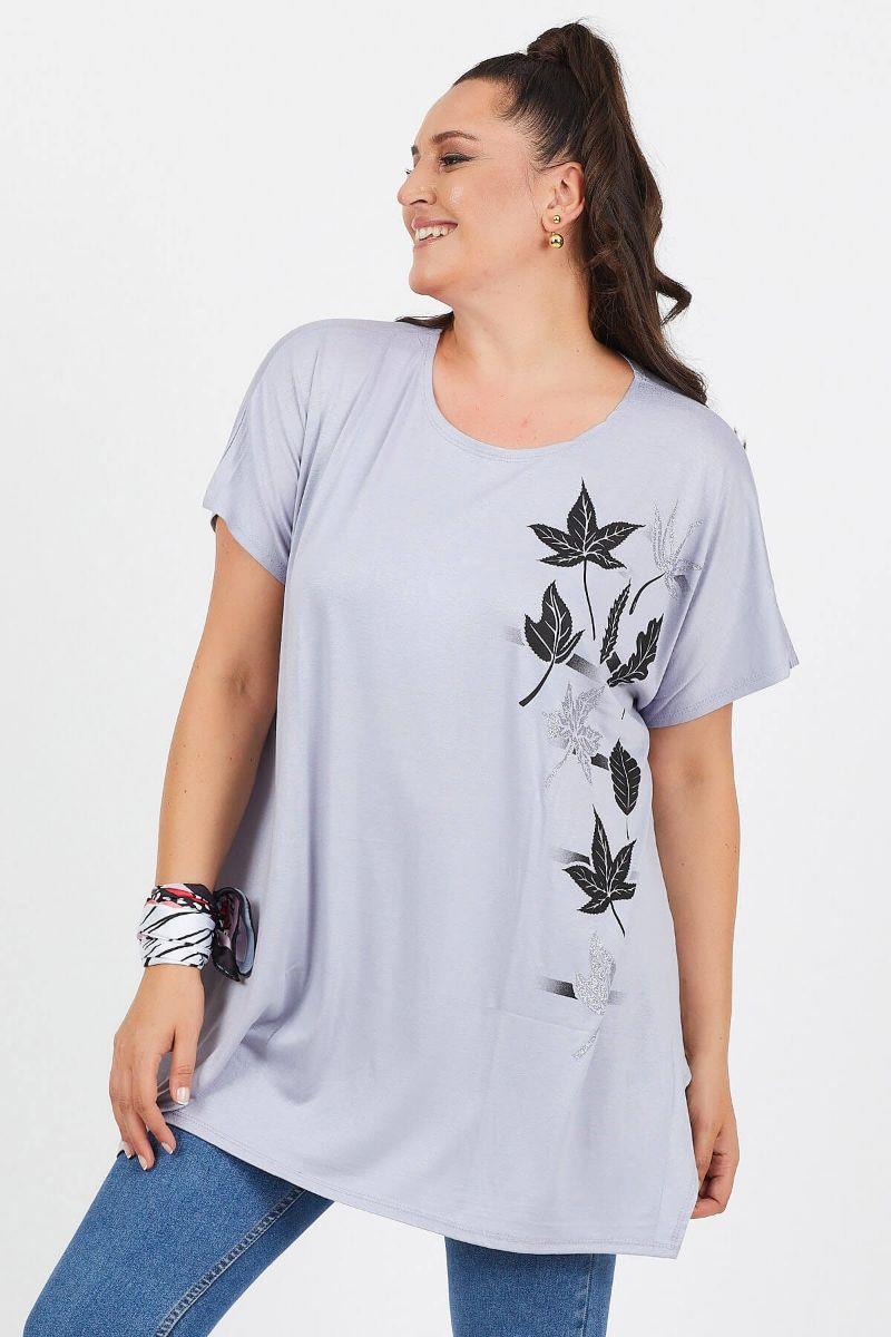 Tshirt Büyük Beden Salaş Sarmaşık Yaprak Baskılı T-Shirt Gri